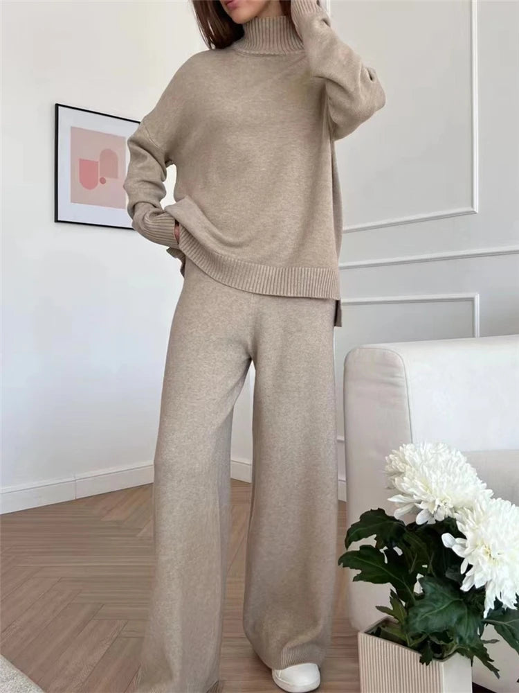 Conjunto de punto de cuello alto: jersey y pantalón ancho
