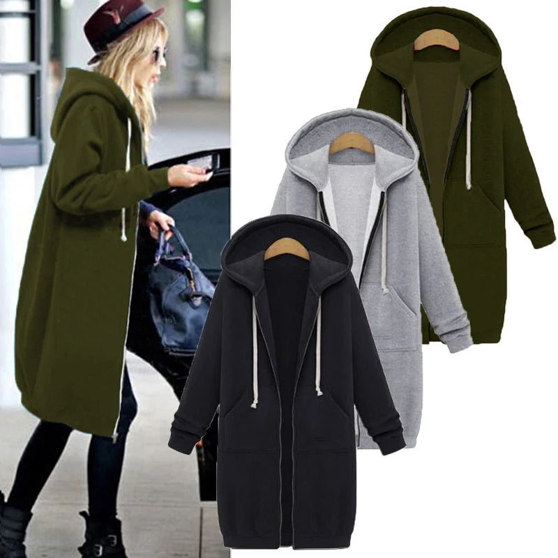 Parka larga con capucha y bolsillos para mujer