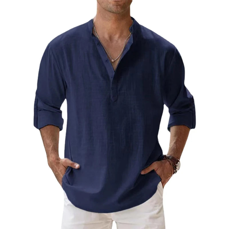 Camisa de lino y algodón manga larga para hombre