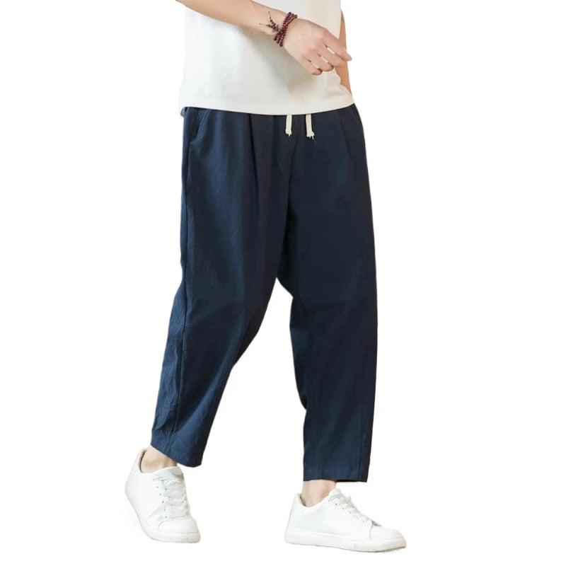 Pantalón de lino y algodón con cordón para hombre