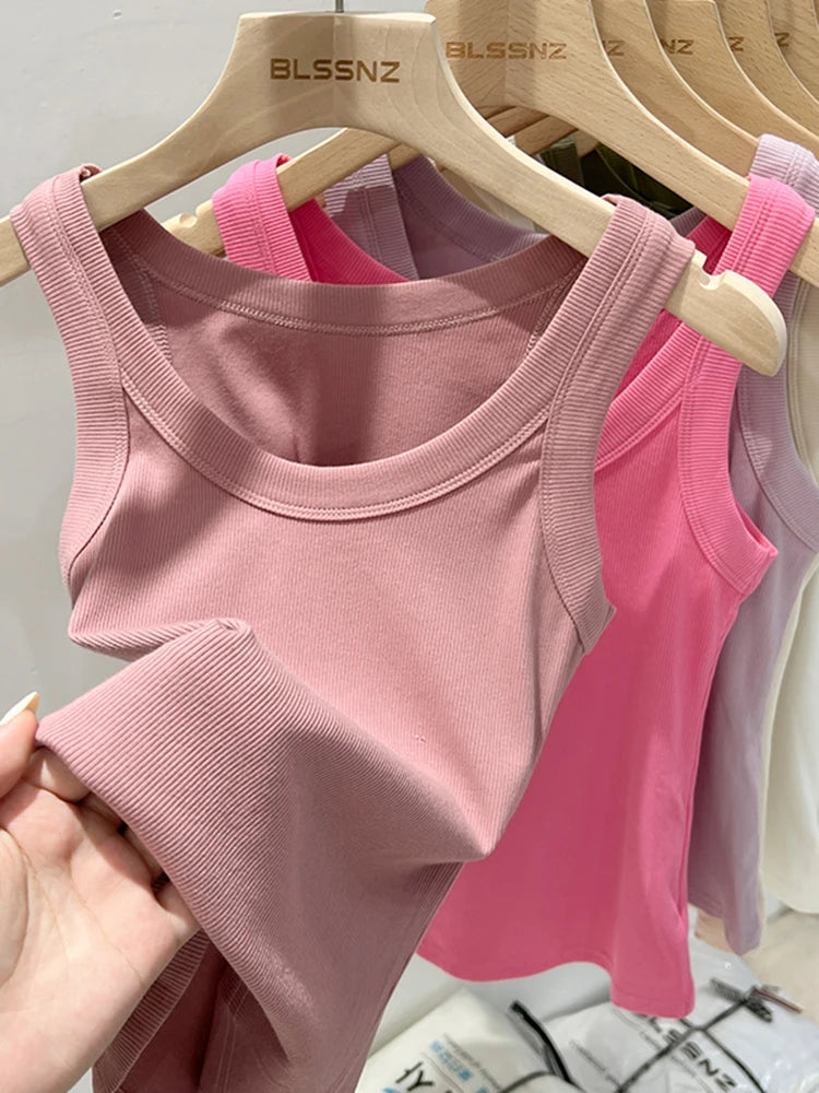Camiseta de tirantes de canalé con cuello redondo para mujer