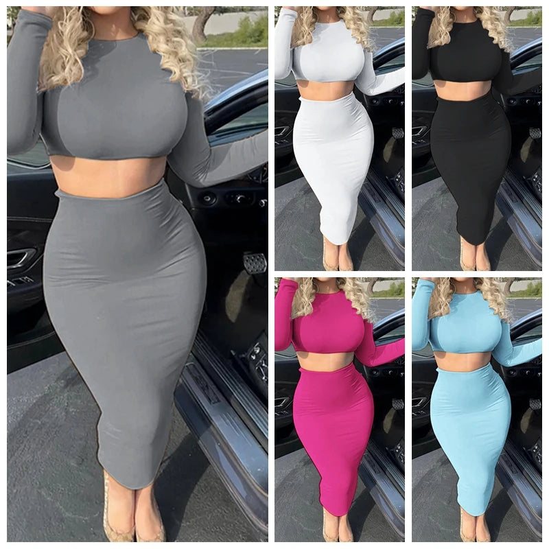 Conjunto de top corto de manga larga y falda midi