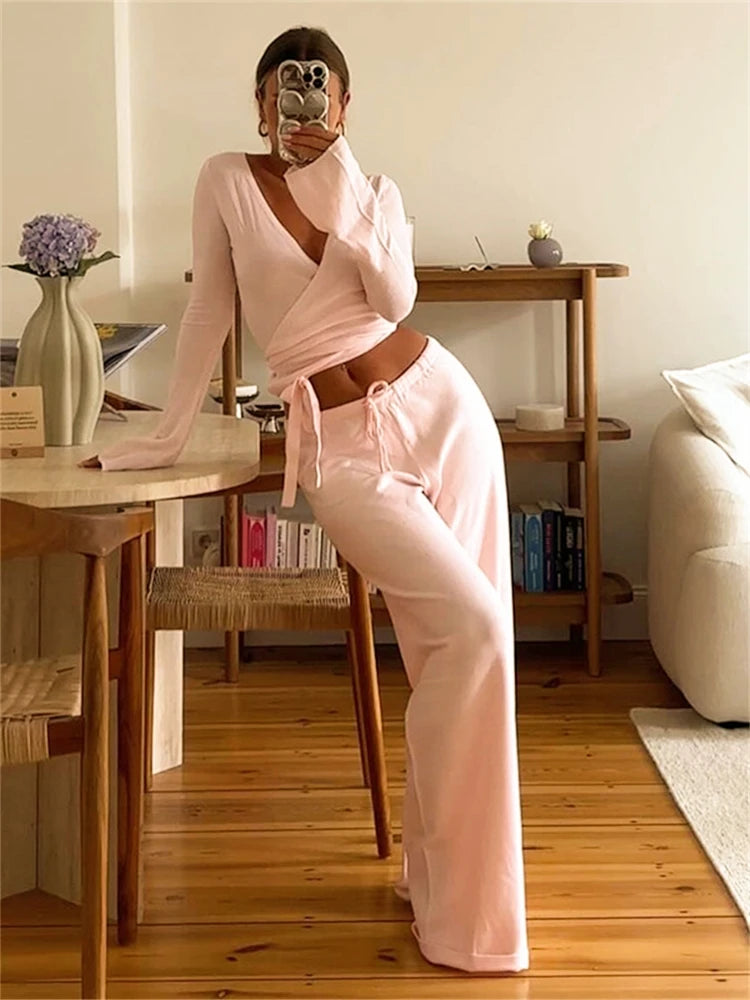 Conjunto de top de manga acampanada y pantalón ancho