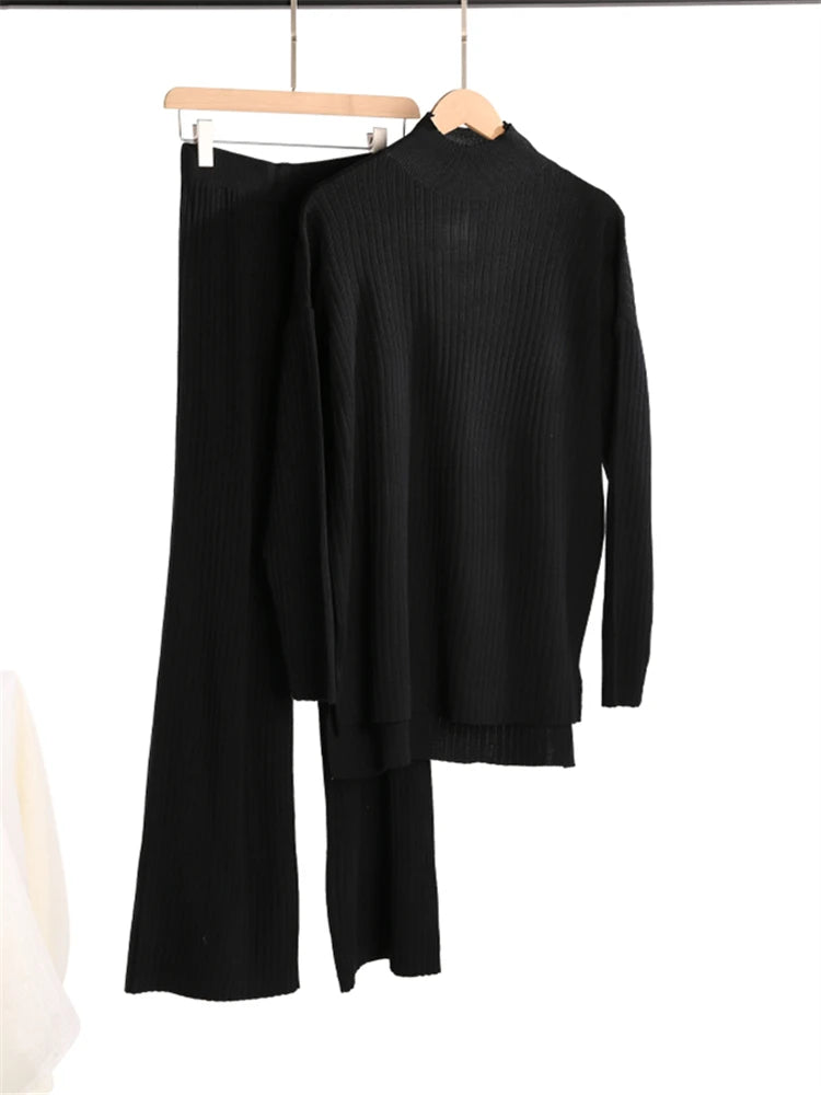 Conjunto de punto de cuello alto: jersey y pantalón ancho