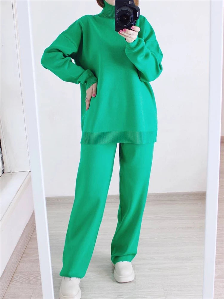 Conjunto de punto de cuello alto: jersey y pantalón ancho