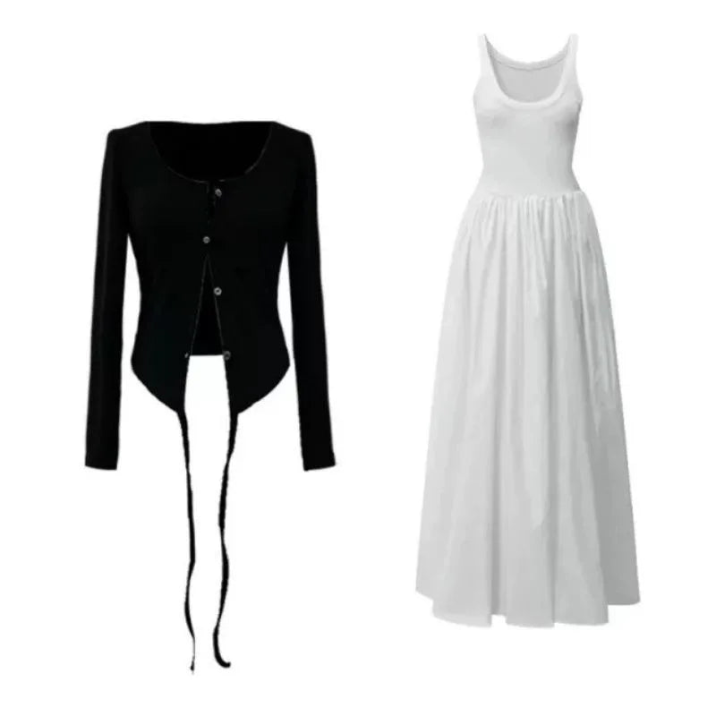 Conjunto de chaqueta de punto y vestido largo