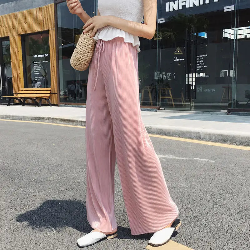 Pantalón ancho plisado de seda fría para mujer