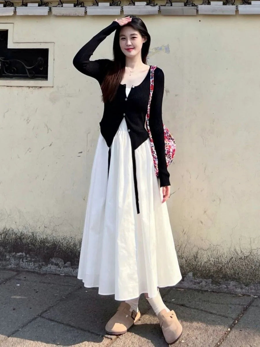 Conjunto de chaqueta de punto y vestido largo