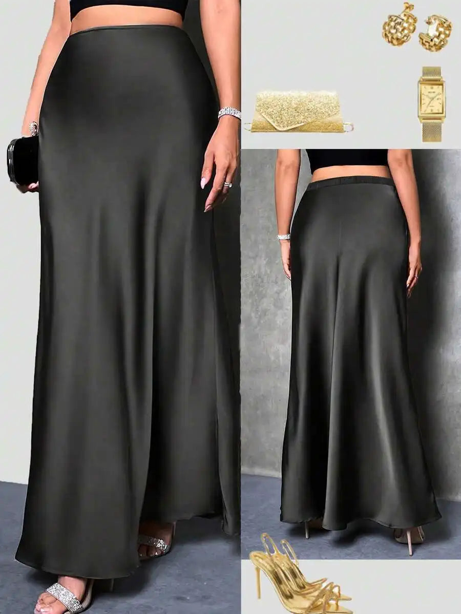 Falda satinada de tiro alto para mujer (tallas grandes)