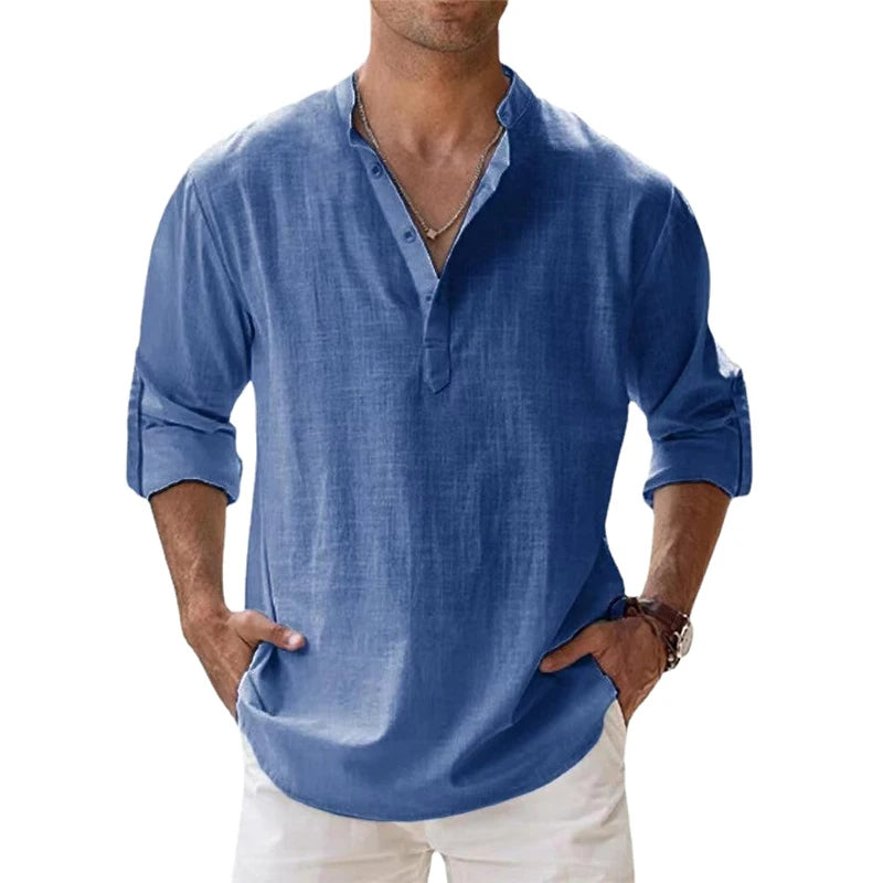 Camisa de lino y algodón manga larga para hombre