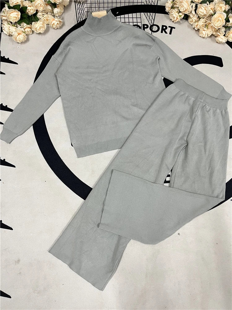 Conjunto de punto de cuello alto: jersey y pantalón ancho