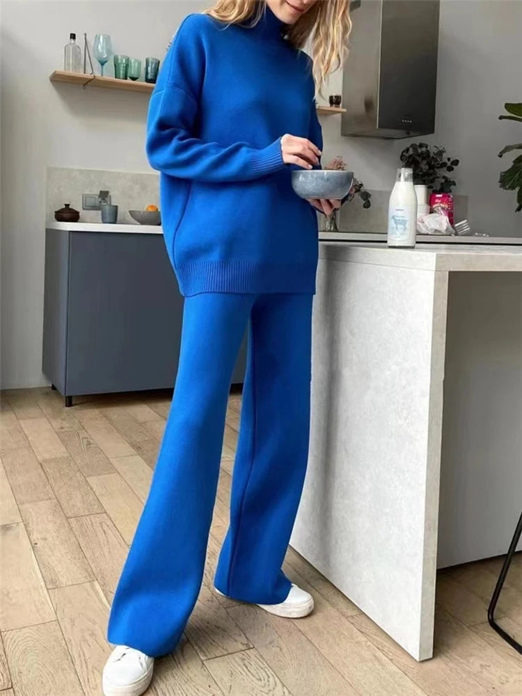 Conjunto de punto de cuello alto: jersey y pantalón ancho