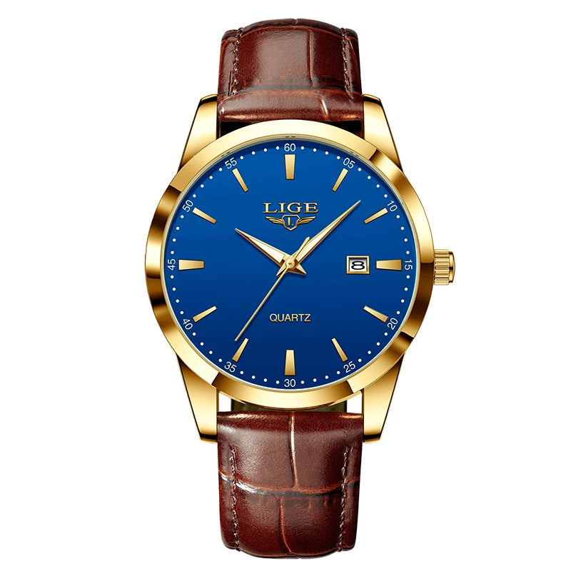 Reloj LIGE con correa de piel marrón para hombre