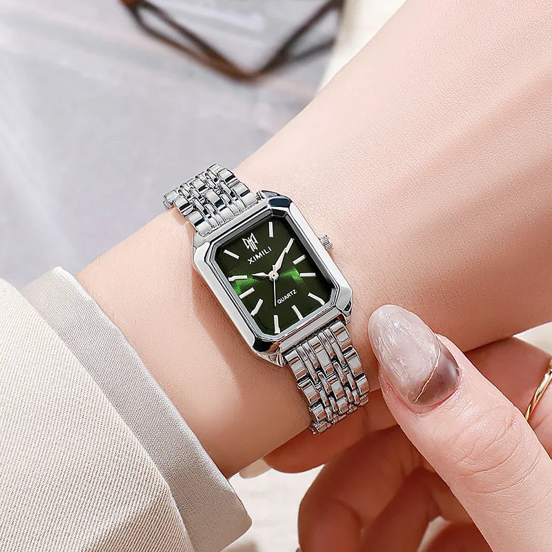 Reloj rectangular de cuarzo con correa de acero para mujer