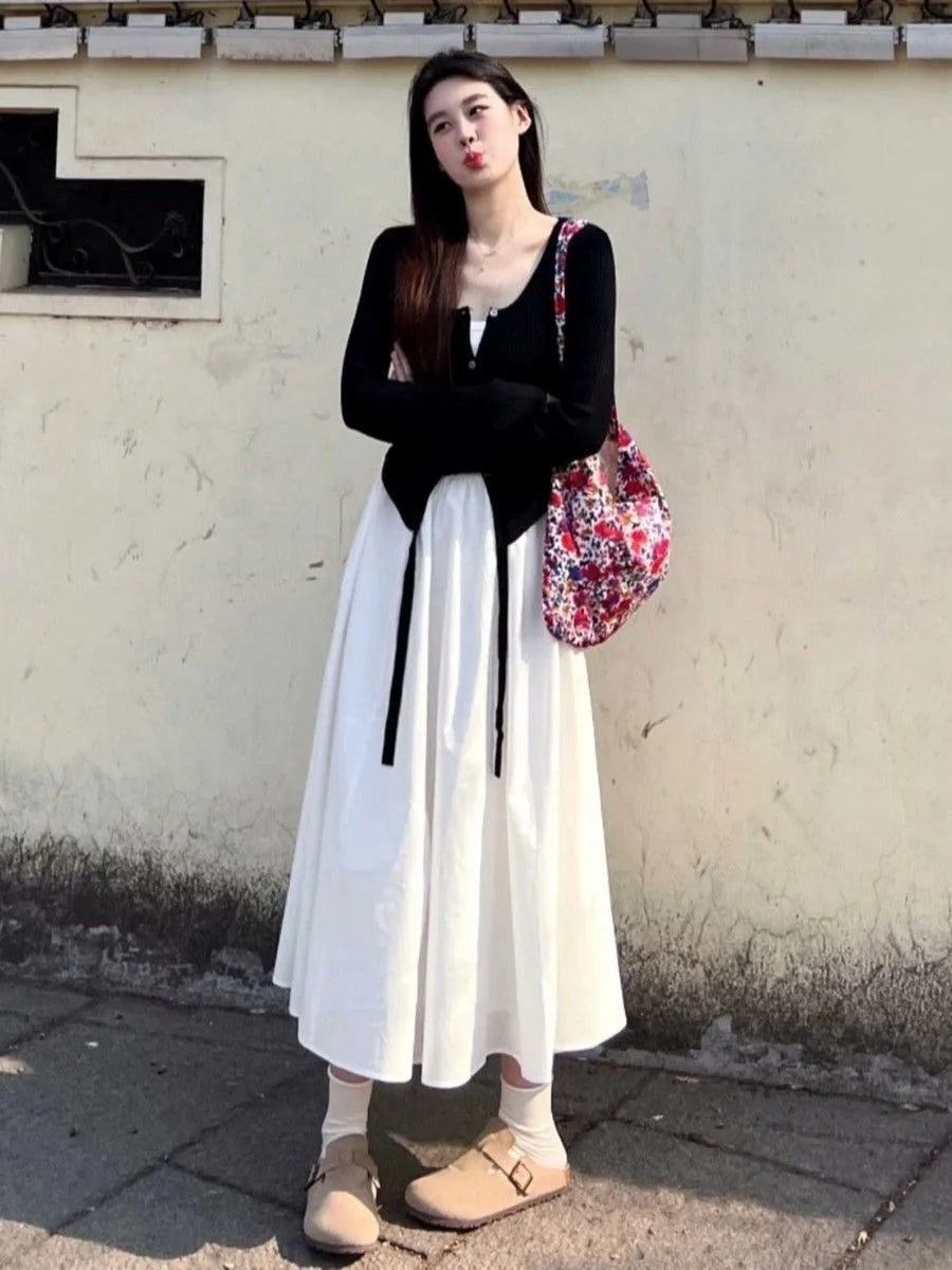 Conjunto de chaqueta de punto y vestido largo