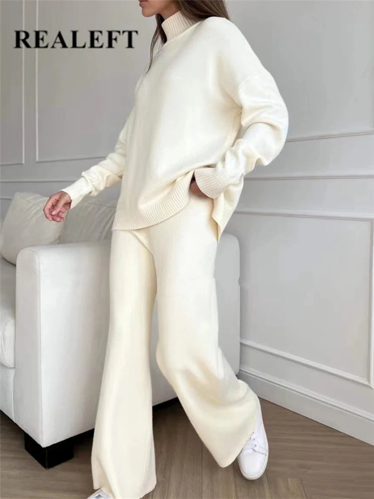 Conjunto de punto de cuello alto: jersey y pantalón ancho