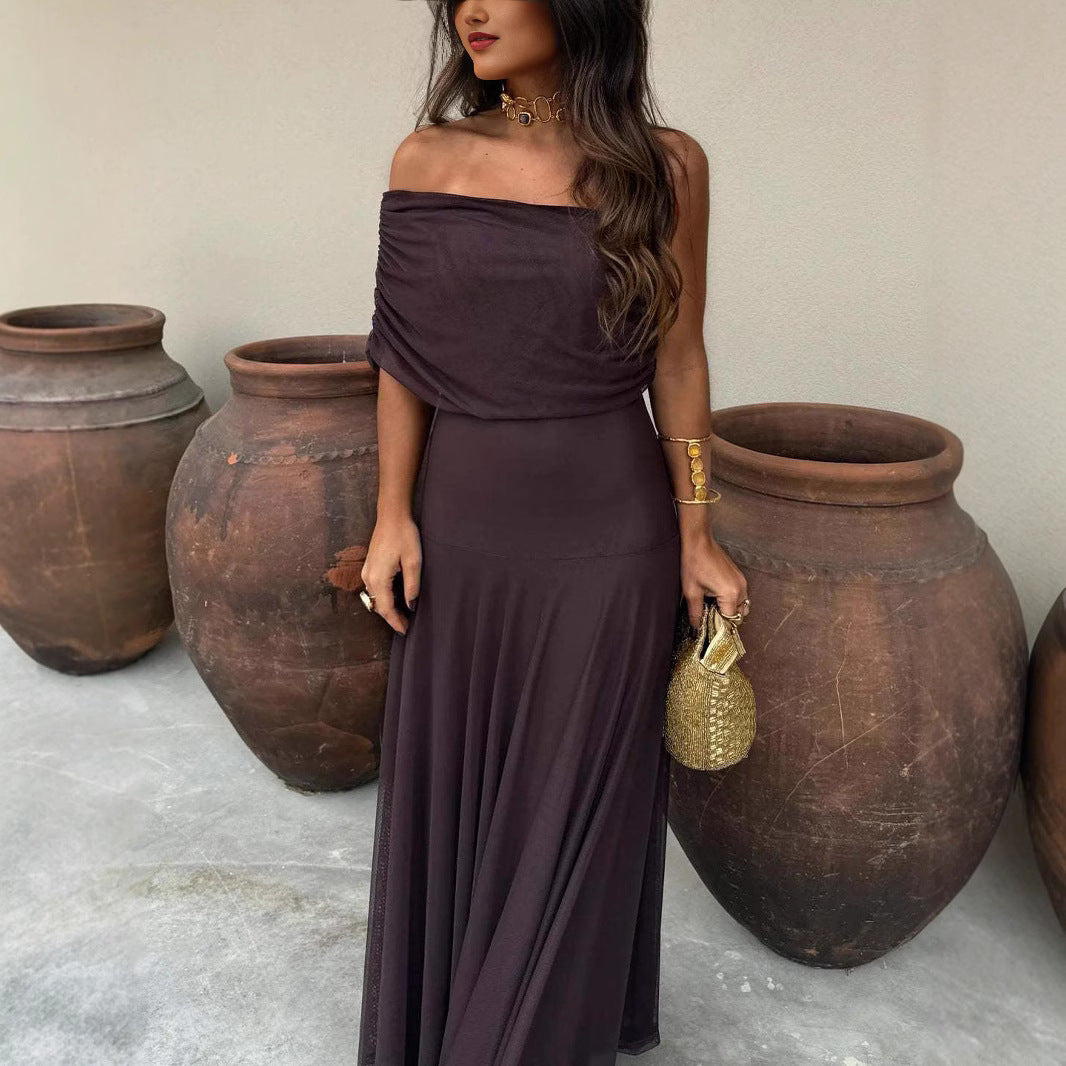 Vestido palabra de honor con paneles de malla