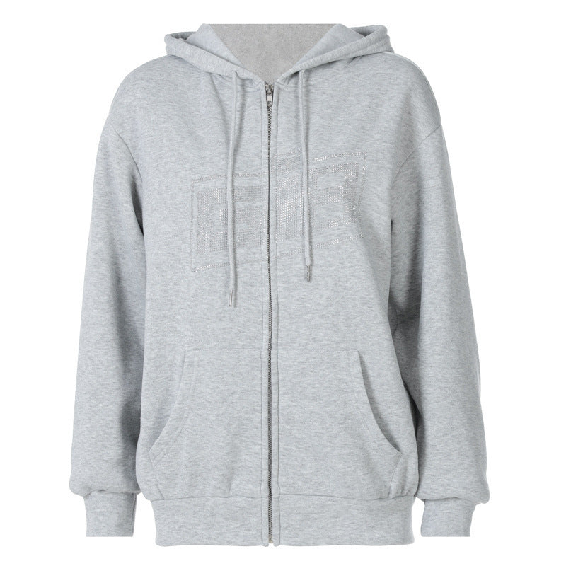 Sudadera con cremallera y letras de strass