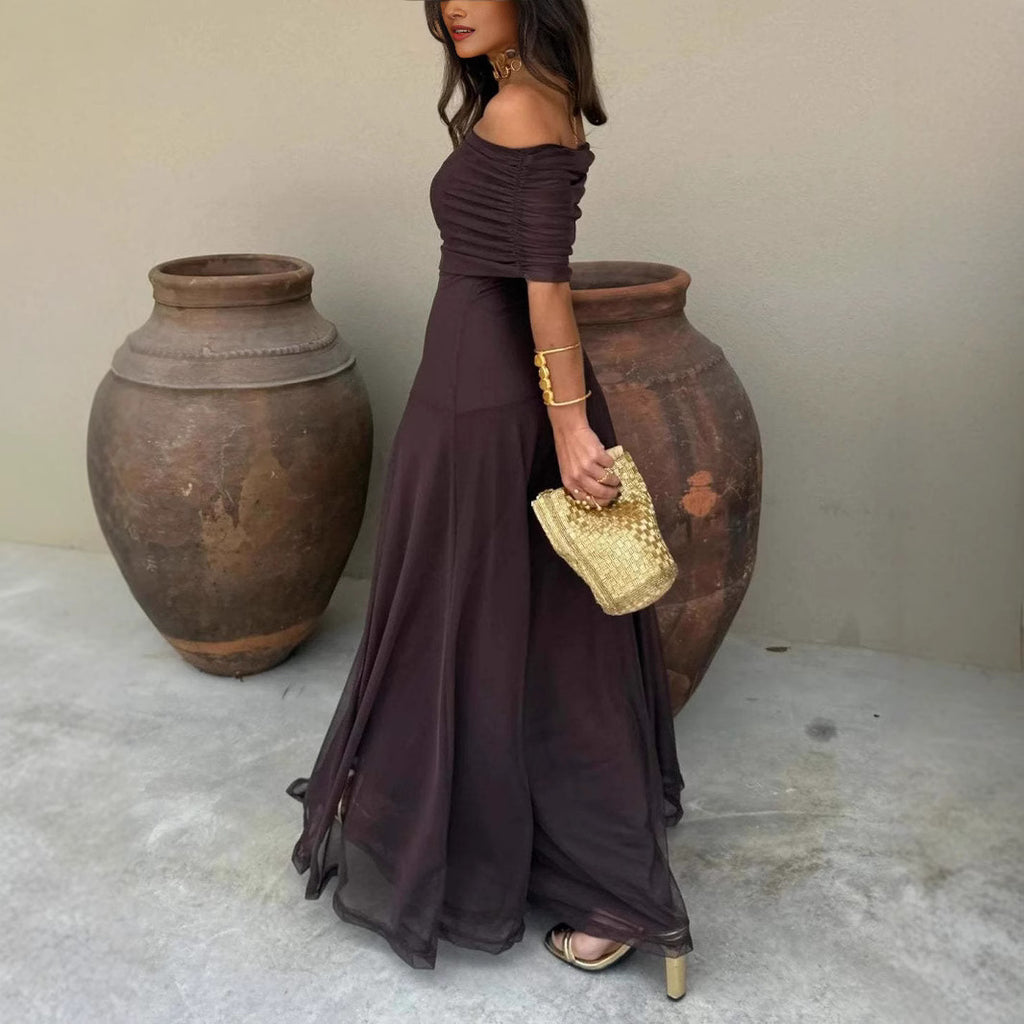 Vestido palabra de honor con paneles de malla